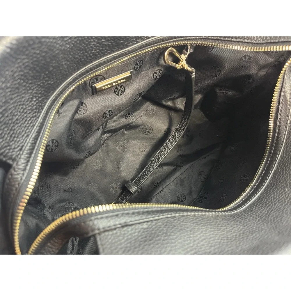 Tory Burch Thea Slouchy Handbag Satchel Black Pebbled Leather Zip Closure